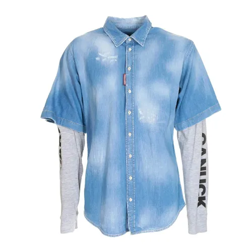 Dsquared2 , Denim Shirt, Long Sleeve, Snap Closure, Printed Logo Detail ,Blue male, Sizes: