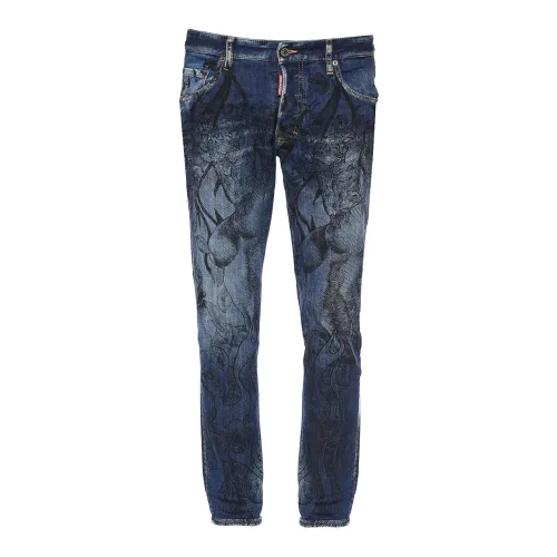 Dsquared2 , Floral-Print Bleached Skinny Jeans ,Blue male, Sizes: