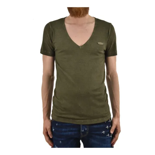 Dsquared2 , Green Men`s V-Neck T-Shirt with Metal Oval Plate ,Green male, Sizes: