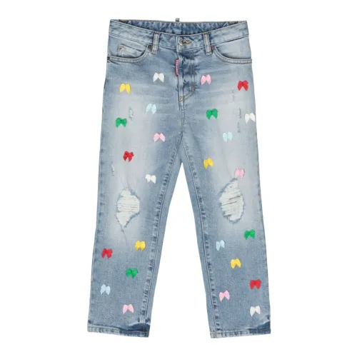 Dsquared2 , Kids Light Wash Distressed Jeans with Multicolored Bow Applique ,Blue female, Sizes: