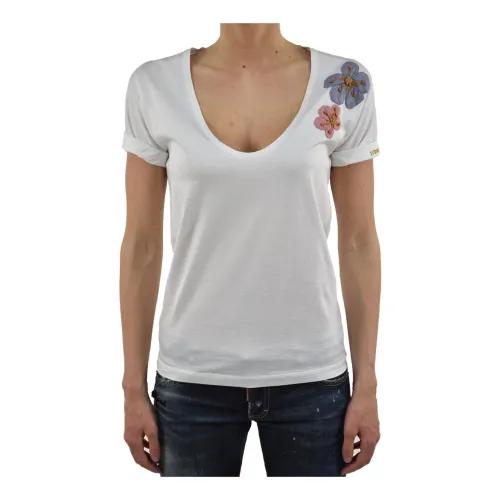Dsquared2 , Logo Cotton T-Shirt with Floral Detail ,White female, Sizes: