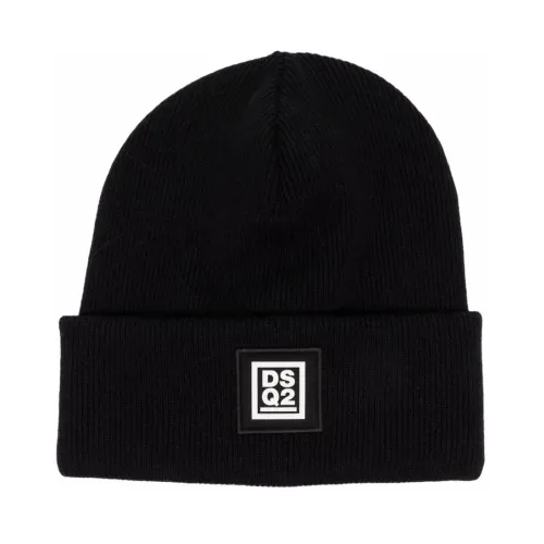 Dsquared2 , Logo Patch Knitted Beanie ,Black unisex, Sizes: ONE