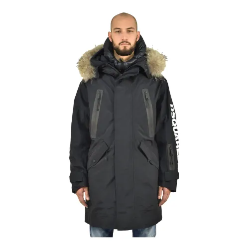 Dsquared2 , Men`s Black Parka Jacket with Double Zip and Velcro Closure ,Black male, Sizes: