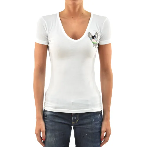 Dsquared2 , Multicolor Leather V-Neck Women`s T-Shirt with Swarovski Details ,White female, Sizes:
