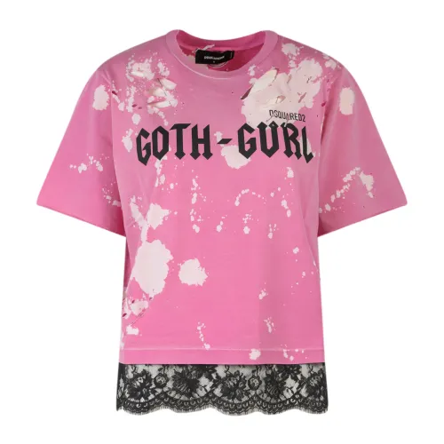 Dsquared2 , Pink Cotton T-Shirt with Frontal Print and Laces Insert ,Pink female, Sizes: