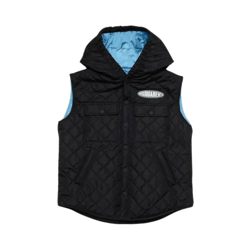 Dsquared2 , Quilted Hooded Gilet with Logo Patch ,Black male, Sizes: