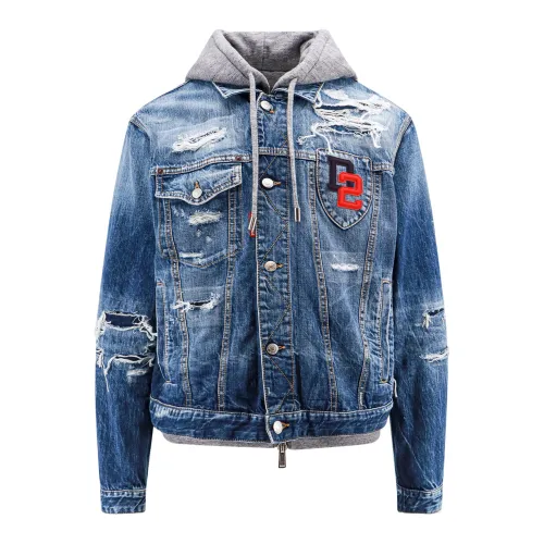 Dsquared2 , Ripped Denim Jacket with Hood ,Blue male, Sizes: