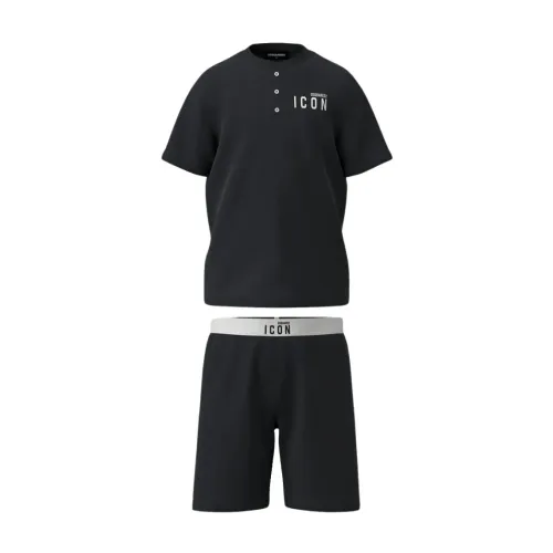 Dsquared2 , Short Jersey Logo Pajama Set ,Black unisex, Sizes: