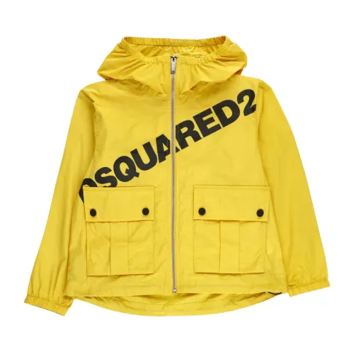 Dsquared2 , Yellow Hooded Coat with Logo Print ,Yellow male, Sizes: