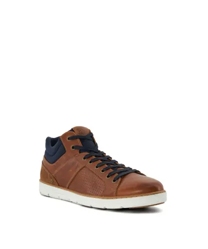 Dune London Mens SOUTHERN Perforated High-Top Trainers - Tan Leather (archived)