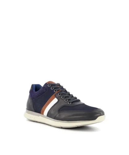 Dune London Mens Trigger - Side-Stripe-Detail Trainers - Navy Leather (archived)