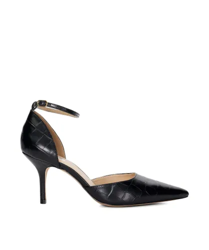 Dune London Womens Ladies Characters - Croc-Effect Pointed Ankle Strap Heels - Black Leather (archived)