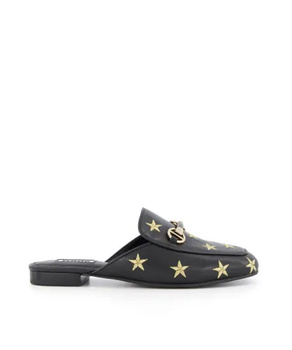 Dune London Womens Ladies Galaxies - Star Embroidered Backless Loafers - Black Leather (archived)