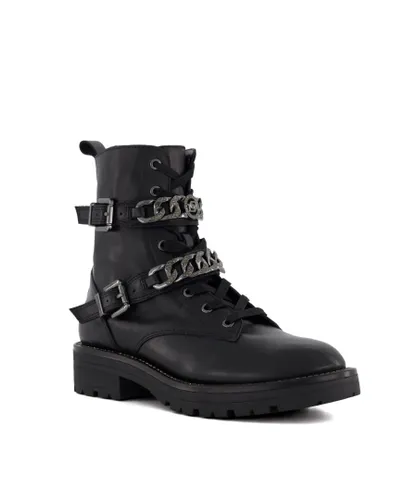 Dune London Womens Ladies Plazas - Branded-Chain-Detail Ankle Boots - Black Leather (archived)