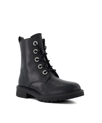 Dune London Womens Ladies PRECIOUS Diamante-Trim Casual Lace-Up Boots - Black Leather (archived)