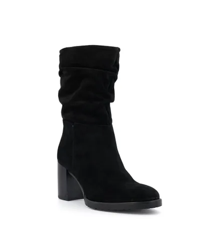 Dune London Womens Ladies Prominent - Ruched Block-Heeled Ankle Boots - Black Suede