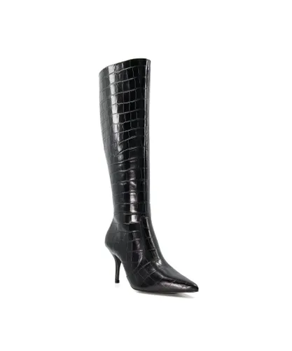 Dune London Womens Ladies Spritz - Croc-Effect Leather Knee-High Boots - Black Leather (archived)