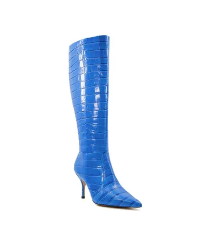 Dune London Womens Ladies Spritz - Croc-Effect Leather Knee-High Boots - Blue Leather (archived)