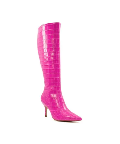 Dune London Womens Ladies Spritz - Croc-Effect Leather Knee-High Boots - Pink Leather (archived)