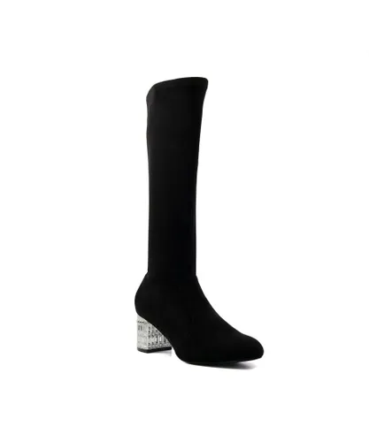 Dune London Womens Ladies Starlet - Jewel-Heeled Knee-High Boots - Black Micro Fibre