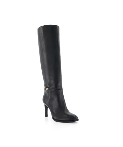 Dune London Womens Ladies Symbolic - Branded-Strap Heeled Knee-High Boots - Black Leather (archived)