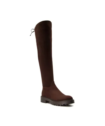 Dune London Womens Ladies THORNE Flat Over-The-Knee Boots - Brown Micro Fibre
