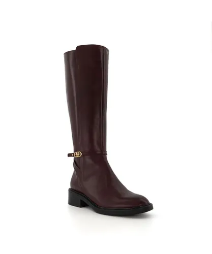 Dune London Womens Ladies Tia - Branded-Buckle Equestrian Boots - Burgundy Leather (archived)