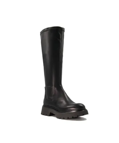 Dune London Womens Ladies Tilt - Elasticated Leather Knee-High Boots - Black Leather (archived)