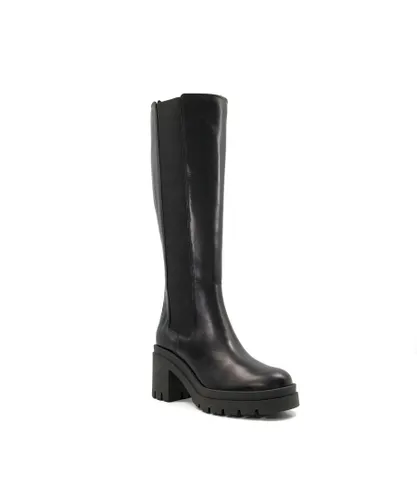 Dune London Womens Ladies Time - Leather Block Heel Knee-High Boots - Black Leather (archived)