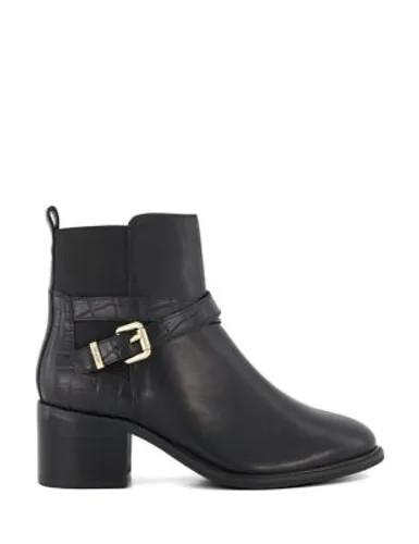 Dune London Womens Leather Buckle Block Heel Ankle Boots - 6 - Black, Black