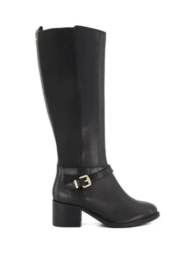 Dune London Womens Leather Buckle Block Heel Knee High Boots - 3 - Black, Black,Brown