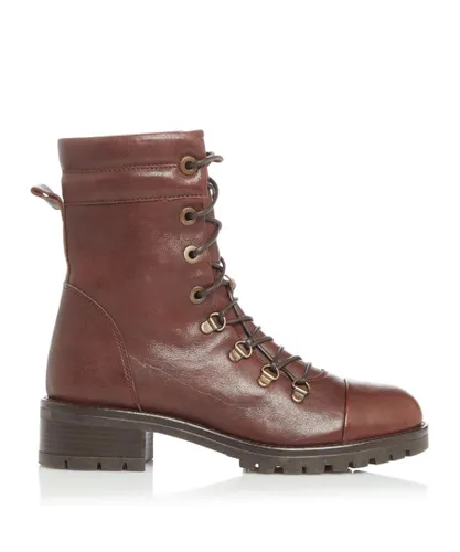 Dune London Womens PAZ Ski Hook Lace Up Biker Boots - Brown Leather