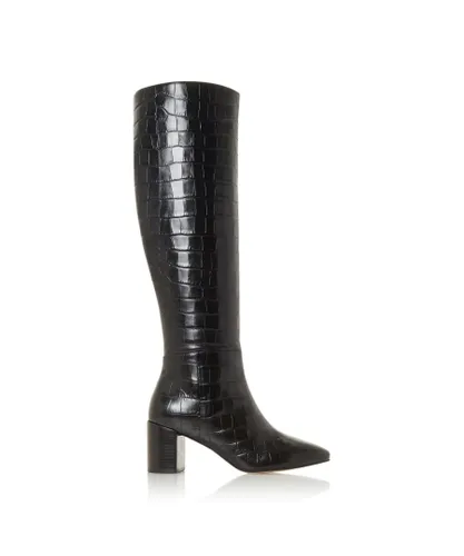 Dune London Womens SAFFIA Knee High Block Heel Boots - Black Leather