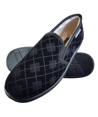 Dunlop - MENS PLUSH FUR LINED MEMORY FOAM PLAID CHECKED MOCCASIN SLIPPERS WITH HARD SOLE - Black