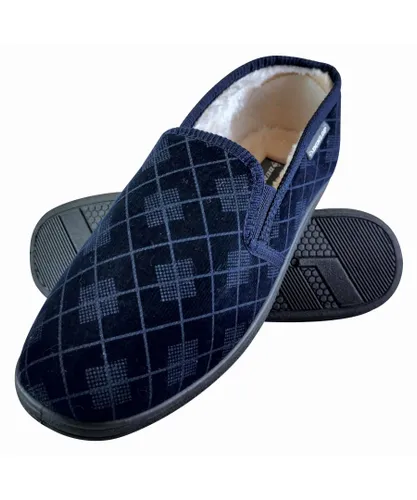Dunlop - MENS PLUSH FUR LINED MEMORY FOAM PLAID CHECKED MOCCASIN SLIPPERS WITH HARD SOLE - Navy