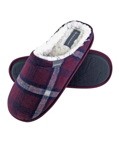 Dunlop - Mens Warm Plush Fleece Lined Slip on Mule Checked Plaid House Slippers - Red