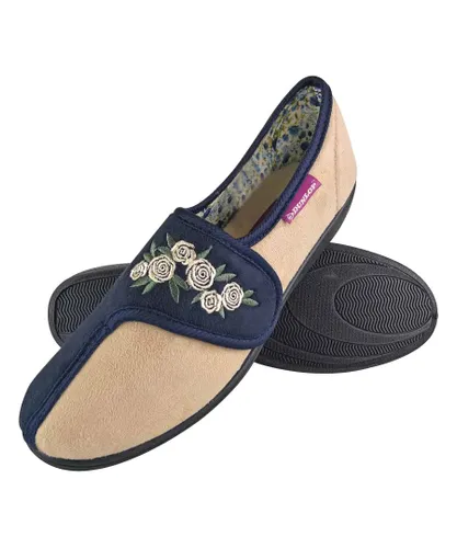 Dunlop Womens - Ladies Adjustable Wide Fit Memory Foam Floral Velcro Slippers for Elderly Women - Navy