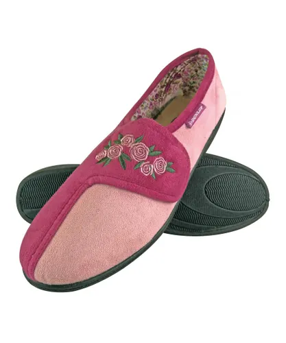 Dunlop Womens - Ladies Adjustable Wide Fit Memory Foam Floral Velcro Slippers for Elderly Women - Pink