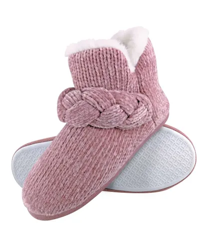 Dunlop Womens - Ladies Knitted Warm Fleece Plush Slippers Boots/Booties in Grey Fairisle and Pink Cord Styles