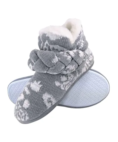 Dunlop Womens - Ladies Knitted Warm Fleece Plush Slippers Boots/Booties in Grey Fairisle and Pink Cord Styles