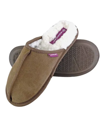 Dunlop Womens - Ladies Winter Warm Cute Plush Comfy Mules Suede Slippers - Tan