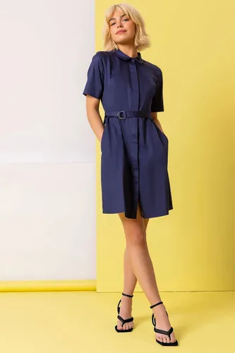 Dusk Fashion Cotton Belted Shirt Dress in Navy female