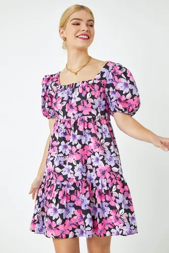 Dusk Fashion Floral Print Shirred Smock Dress in Pink 12 female