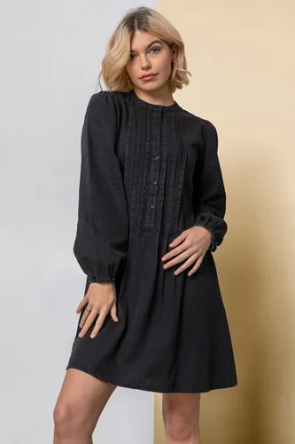 Dusk Fashion Pintuck Detail Denim Shirt Dress in Black - Size 8 8 female