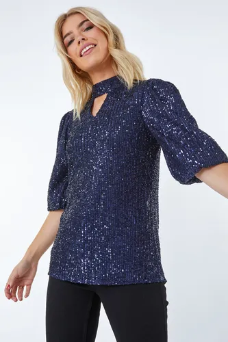 Dusk Fashion Sequin Keyhole Neck Top in Navy 8 female