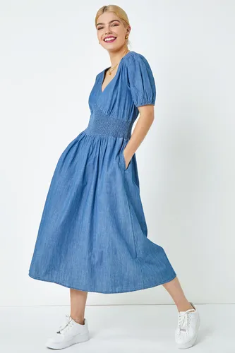 Dusk Fashion Shirred Waist Pocket Midi Dress in Denim 10 female