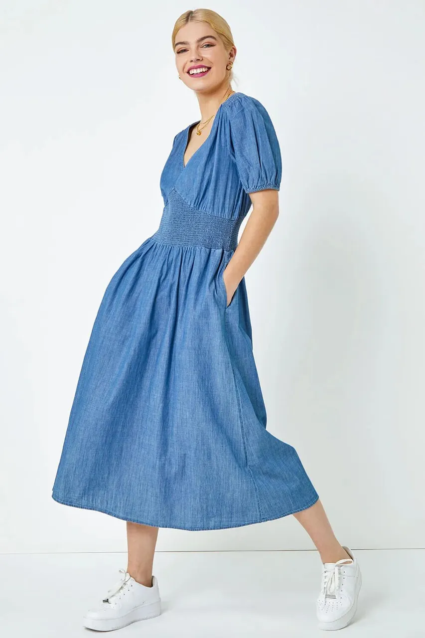 Dusk Fashion Shirred Waist Pocket Midi Dress in Denim 10 female