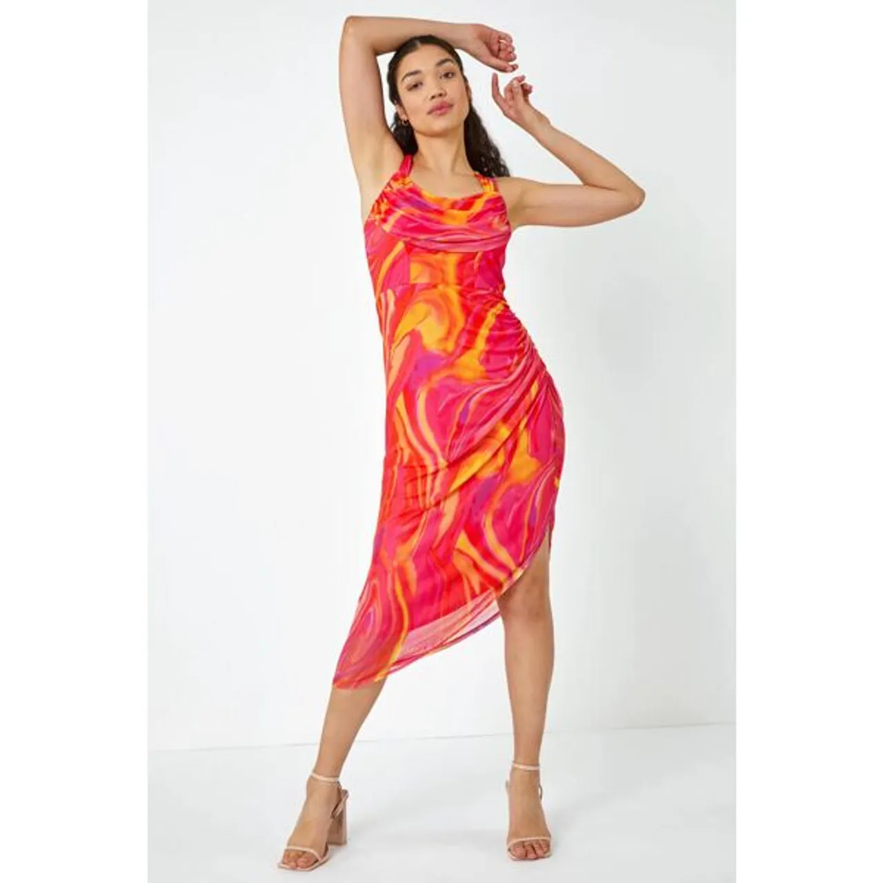 Dusk Fashion Swirl Print Ruched Stretch Dress in Pink 16 female