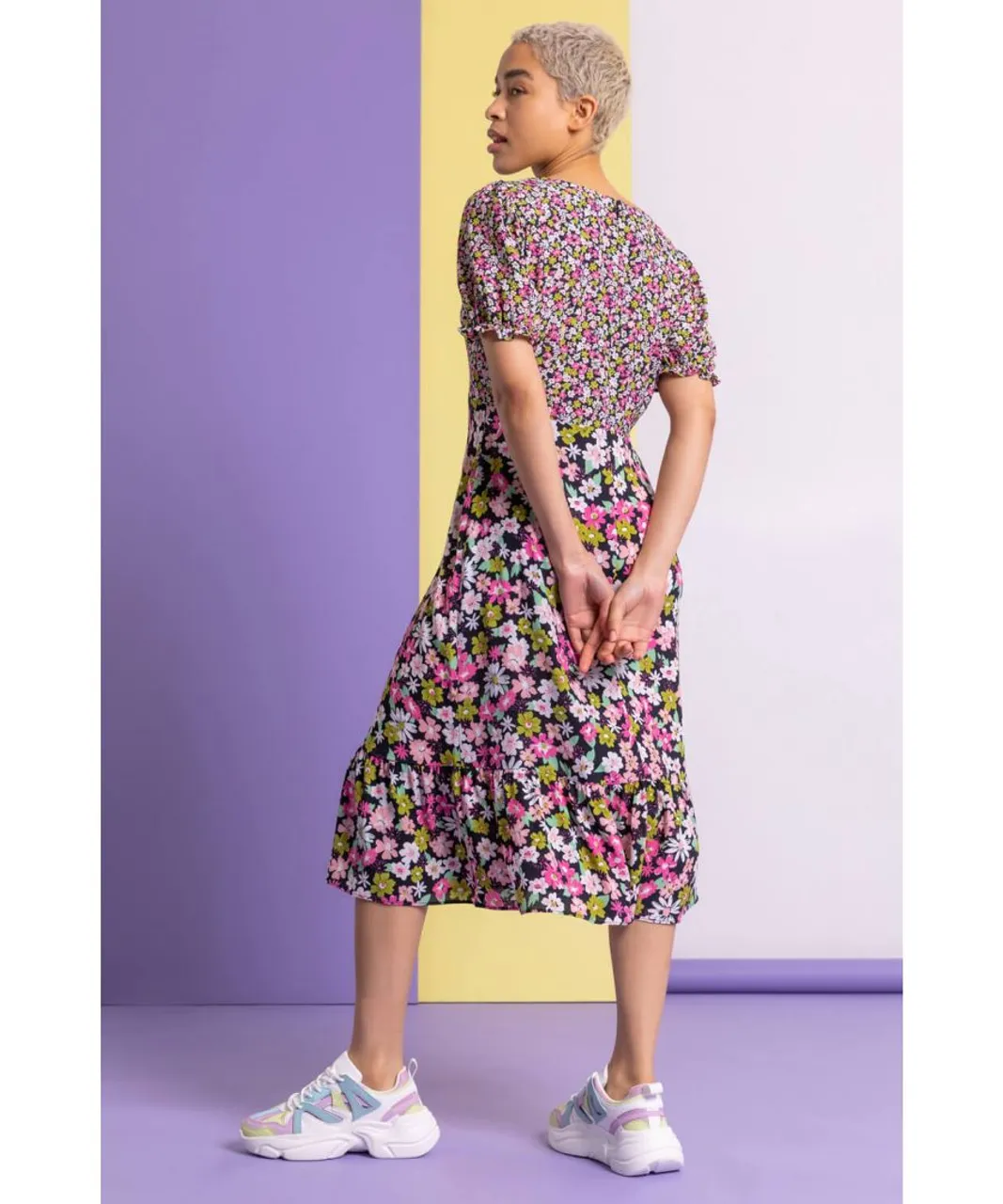 Dusk Womens Contrast Floral Print Tea Dress - Pink