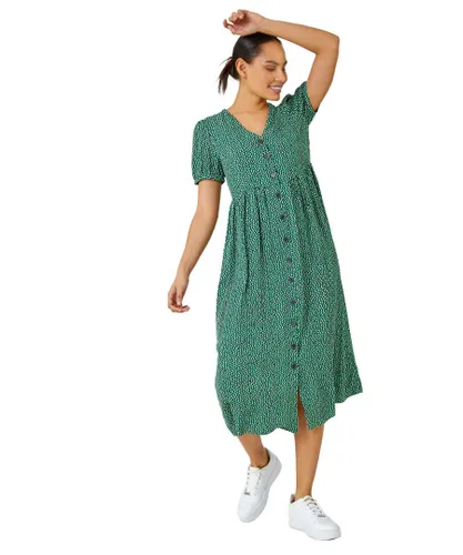 Dusk Womens Ditsy Spot Button Through Midi Dress - Green